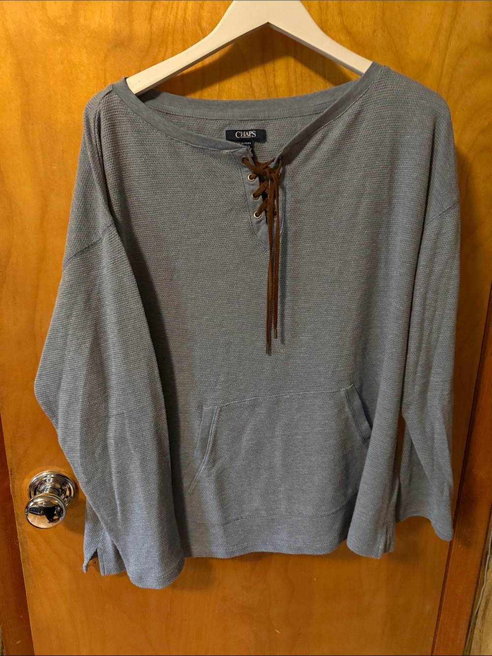 Chaps Lace-Up Pullover Hoodie in Blue with Brown Ties